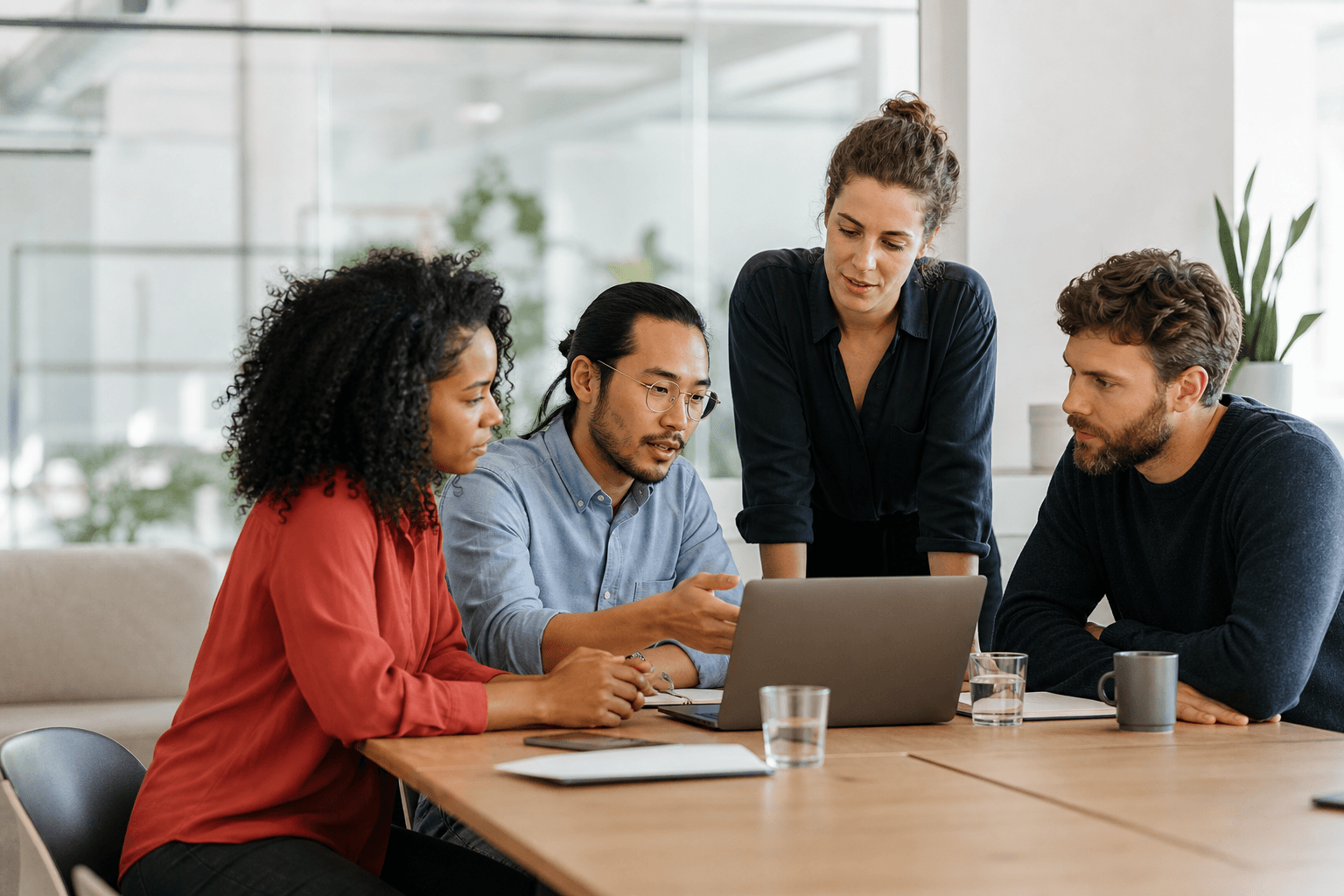 Colleagues sharing ideas around a table in a bright workspace